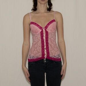 Y2k pink lace bustier top size 36b sweet intimates nylon spandex